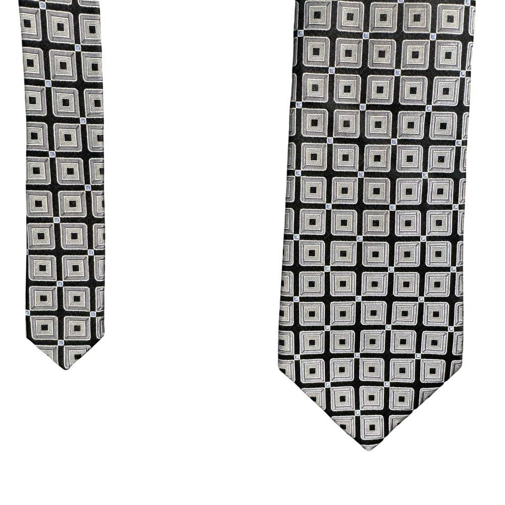 NWT Van Heusen Stain Shield Silk Necktie Black Grey Blue Geometric Square
